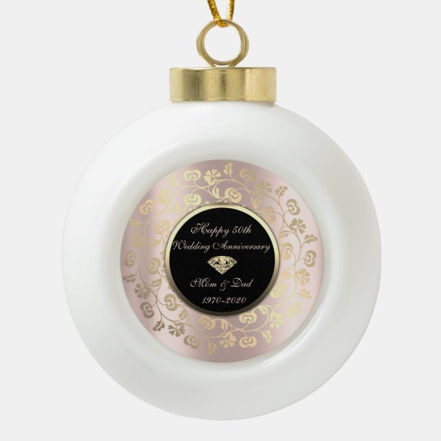 Boule En Céramique Gold Chic Floral Swirl 50e anniversaire de Mariage (Devant)