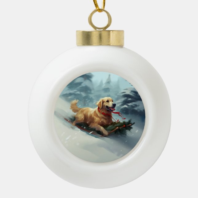 Boule En Céramique Golden Retriers Noël neige hiver (Devant)