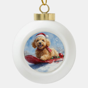 Boule En Céramique Goldendoodle Chien en Luge Laissez Tomber la Neige