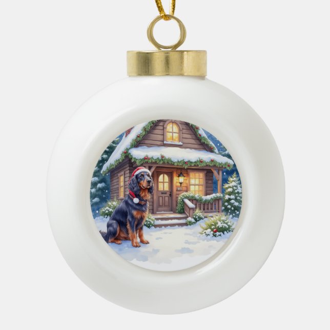 Boule En Céramique Gordon Setter Snowy Lodge Santa Hat Christmas Art (Devant)