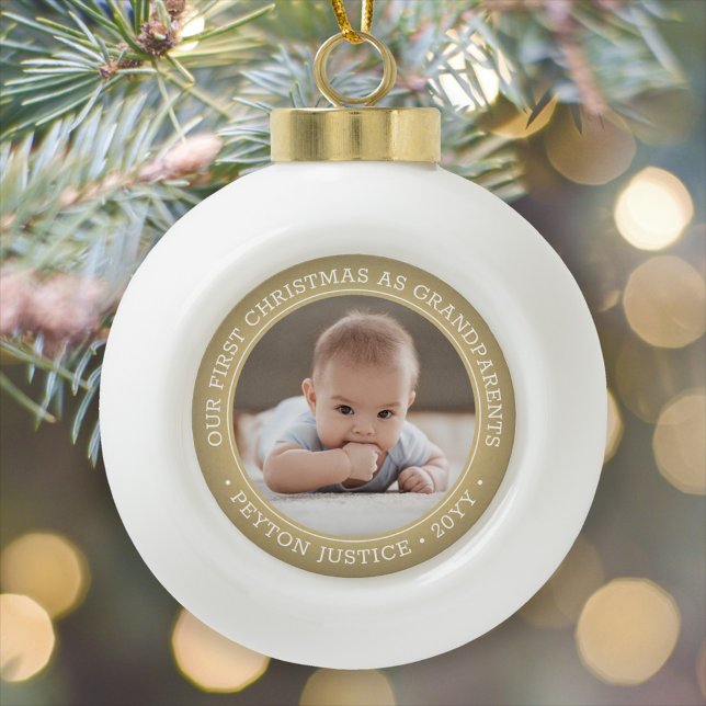 Boule En Céramique Grand-parents 1er Noël Bébé Photo Or & Blanc (Créateur téléchargé)