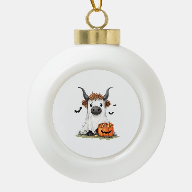 Boule En Céramique Halloween Ghost Highland Cow PNG (Devant)