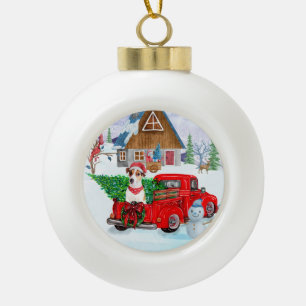 Boule En Céramique Jack Russell Chien à Noël Livraison Camion Neige