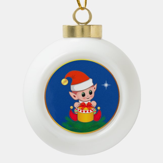 Boule En Céramique Joli elfe de Noël en bleu (Devant)