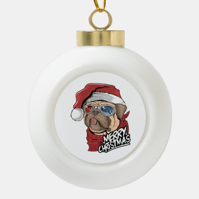 Boule En Céramique Joyeux Carlin Hipster de Noël (Devant)