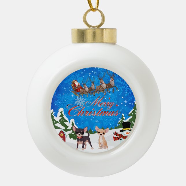 Boule En Céramique Joyeux Noël Chihuahua avec Père Noël (Devant)