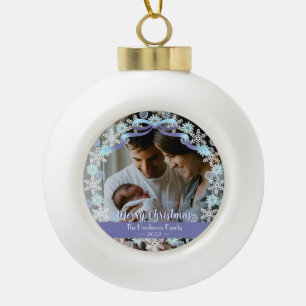 Boule En Céramique Joyeux Noël Nom de la famille Photo Bleu clair pou