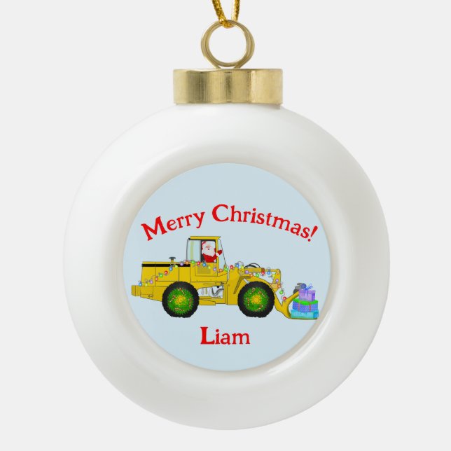 Boule En Céramique Joyeux Noël Père Noël En Bulldozer Livrant Cadeau (Devant)