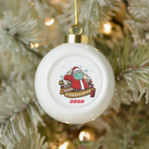Boule En Céramique Joyeux Noël Père Noël en train de porter un mas