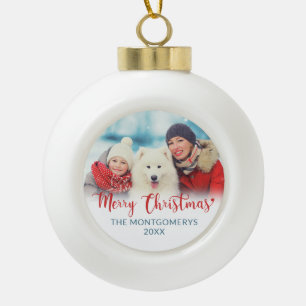 Boule En Céramique Joyeux Noël Rouge Script Family Photo Dog