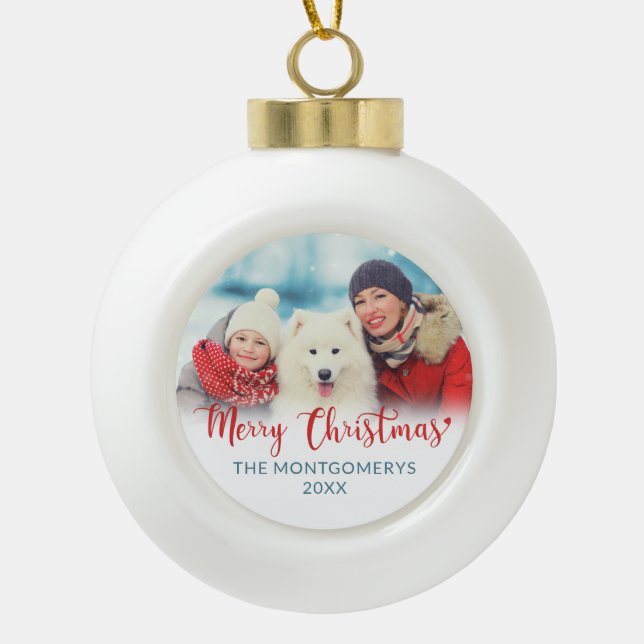 Boule En Céramique Joyeux Noël Rouge Script Family Photo Dog (Devant)