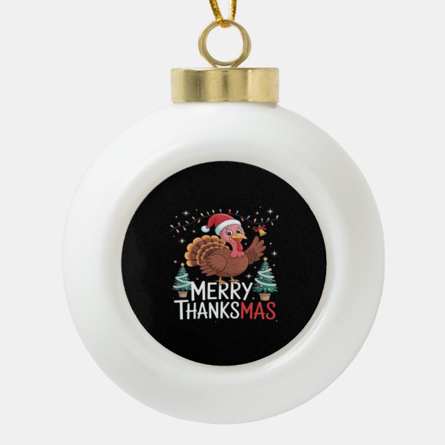 Boule En Céramique Joyeux Thanksmas Bon thanksgiving Père Noël Turkey (Devant)