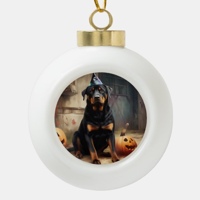 Boule En Céramique La peur de l'Halloween Citrouille de Rottweiler (Devant)