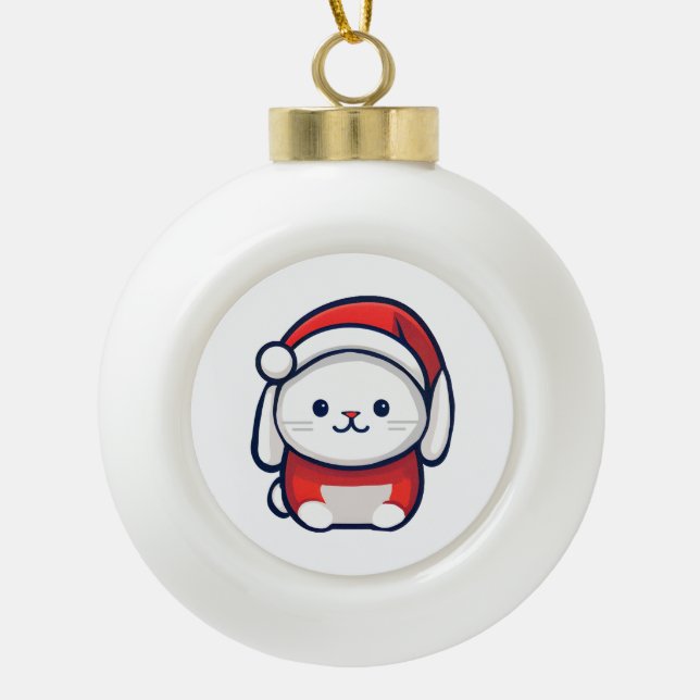 Boule En Céramique Lapin mignon de Noël en chapeau de Santa (Devant)