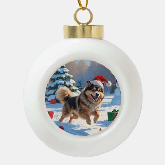 Boule En Céramique Lapphund finlandais coule la neige avec le Casquet (Devant)