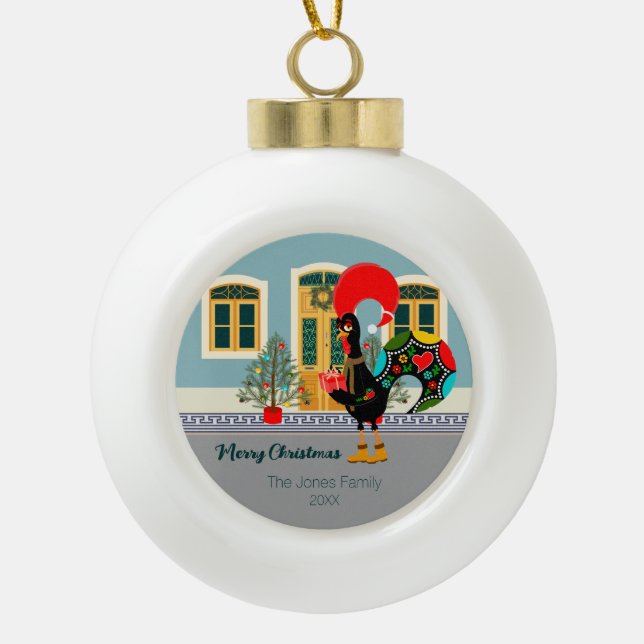 Boule En Céramique Le coq portugais avec un cadeau de Noël (Devant)