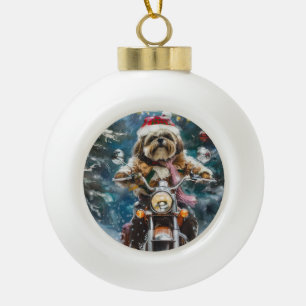 Boule En Céramique Lhasa Apso Chien à cheval Moto Noël