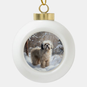 Boule En Céramique Lhassa Apso Laisse Neige Noël