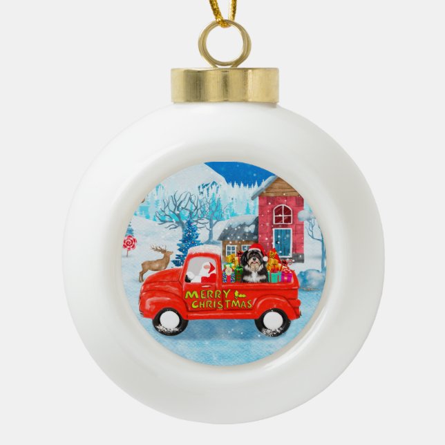 Boule En Céramique Livraison de Noël de chien Havanais Camion neige (Devant)