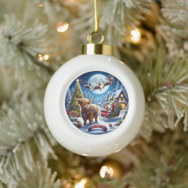 Boule En Céramique Livraison de vacances de Highland Père Noël Vache  (Arbre)