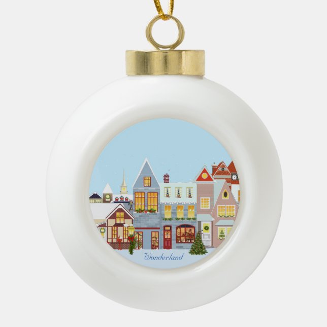 Boule En Céramique Maisons de Noël avec ciel bleu (Devant)