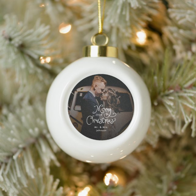 Boule En Céramique Merry Christmas Whimsical Script  Custom Photo  (Arbre)