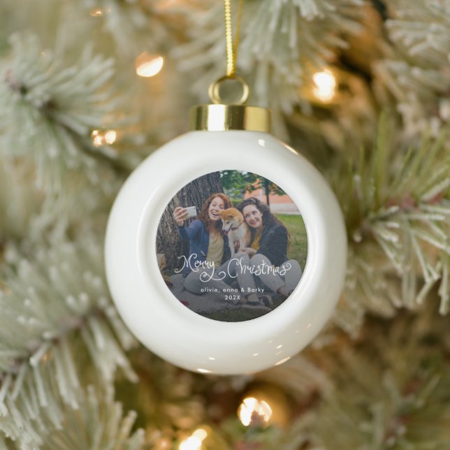 Boule En Céramique Merry Christmas Whimsical Script Family Photo Dog (Arbre)