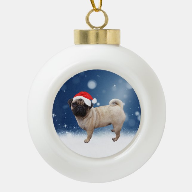 Boule En Céramique Mignonne chien Carlin Noël Père Noël Chapeau Neige (Devant)