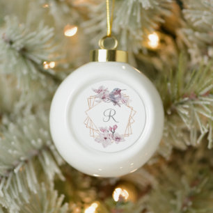 Boule En Céramique Monogramme rose blanc Magnolias Oiseau Gold Frame