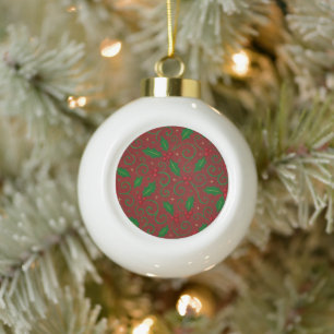 Boule En Céramique Motif Tourbillon de Houx Rouge – Noël Festif