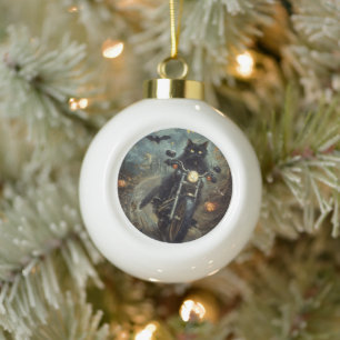 Boule En Céramique Moto à équitation Chat Noir Halloween effrayant