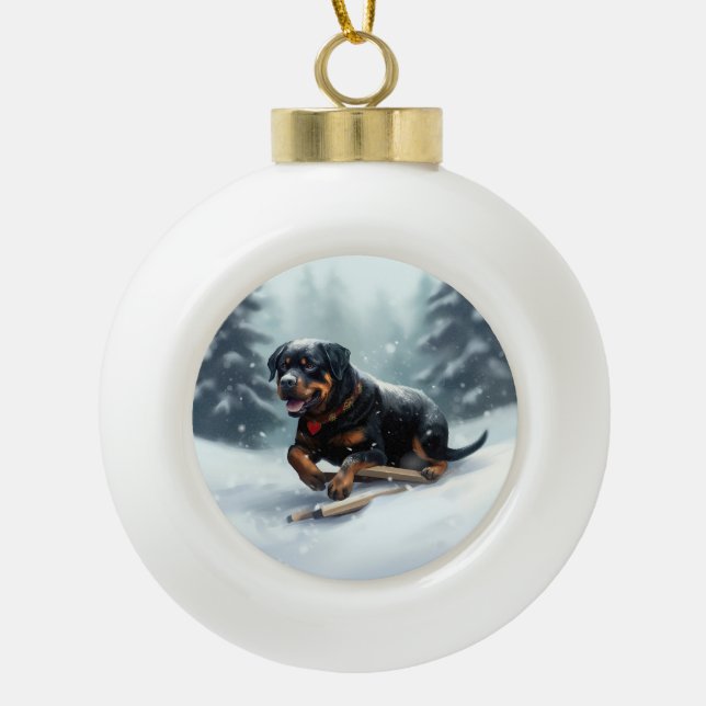 Boule En Céramique Neige de Noël Rottweiler hiver Oreiller (Devant)