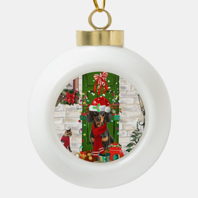 Boule En Céramique Noël du chien Dachshund (Devant)