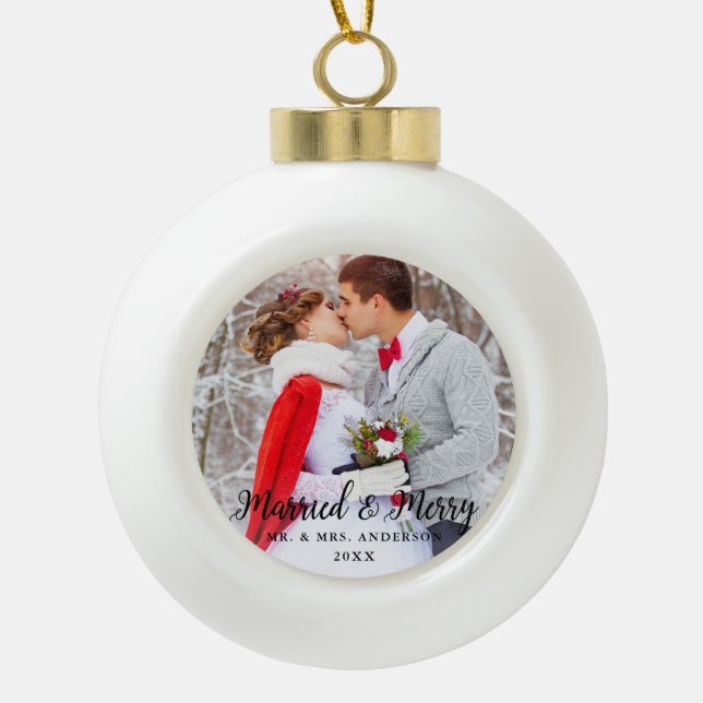 Boule En Céramique Noël marié et Joyeux B de photo de mariage (Devant)