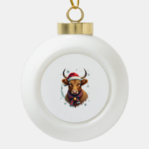 Boule En Céramique Noël Vintage Vache Highland Chapeau de Père Noël C