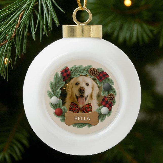 Boule En Céramique Nom du chien Photo Fête Noël Custom Plaid (Créateur téléchargé)