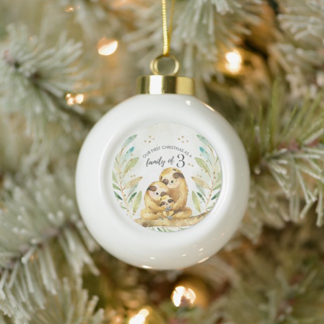 Boule En Céramique Notre premier Noël en famille de 3 paresseux (Arbre)