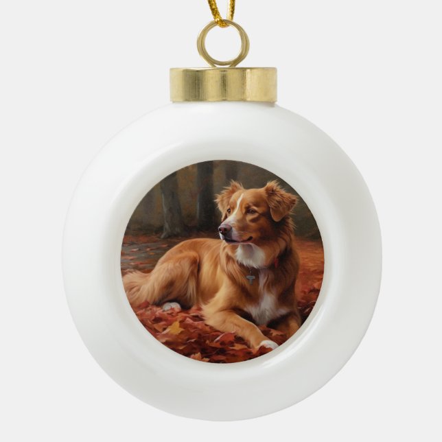 Boule En Céramique Nouvelle-Écosse Canard Terrier À L'Automne Feuille (Devant)