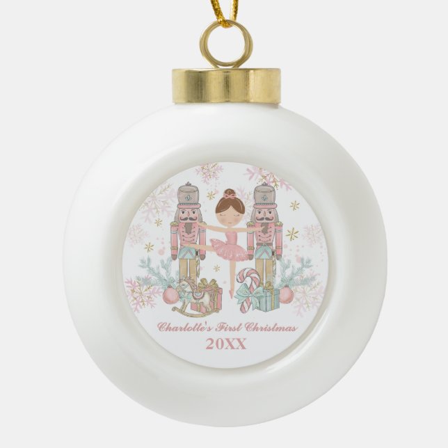 Boule En Céramique Nutcracker Pastel Ballet rose Bébé Premier Noël (Devant)