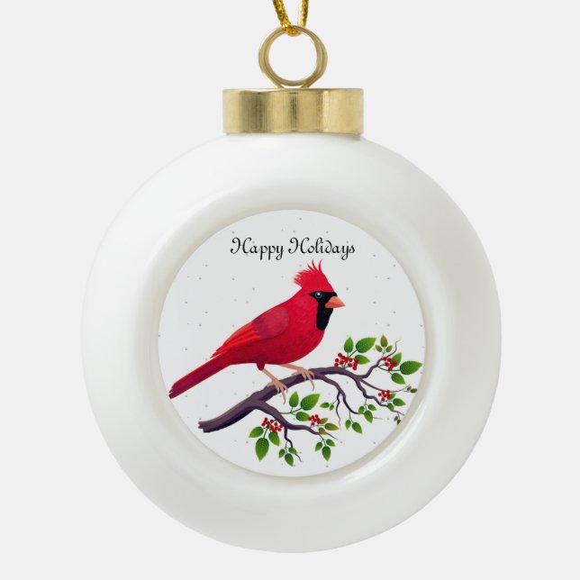Boule En Céramique Oiseau cardinal rouge de Noël (Devant)