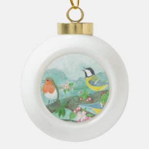 Boule En Céramique Oiseaux chantant sur une branche d'arbre en fleurs