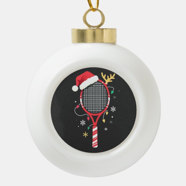Boule En Céramique Paddle de tennis avec chapeau de Santa et lumières (Devant)