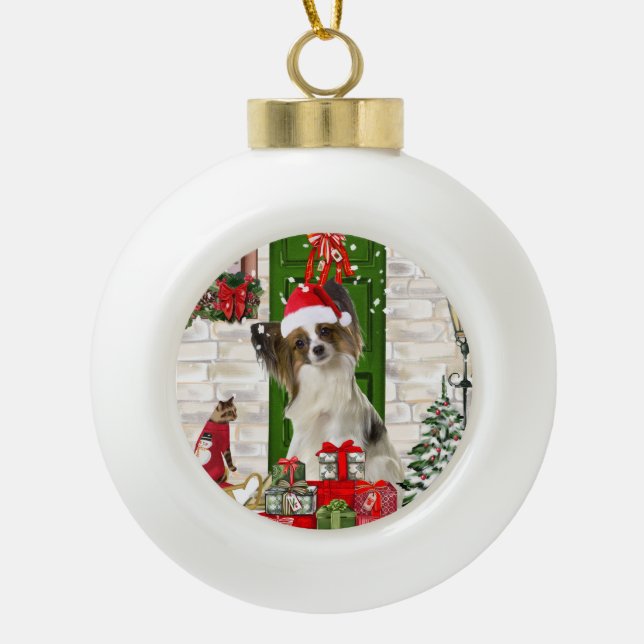 Boule En Céramique Papillon Chien Noël (Devant)