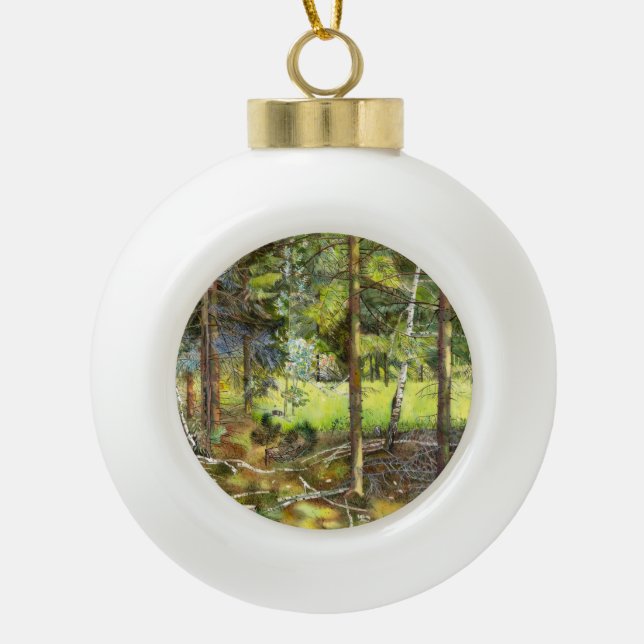 Boule En Céramique Peinture de la forêt de pin aquarelle (Devant)