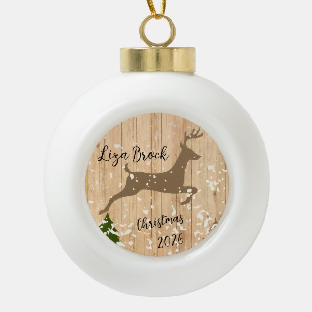 Boule En Céramique Personalized doe Christmas bauble wooden backgroun (Devant)