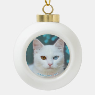 Boule En Céramique Photo de chat blanc personnalisé & texte modifiabl