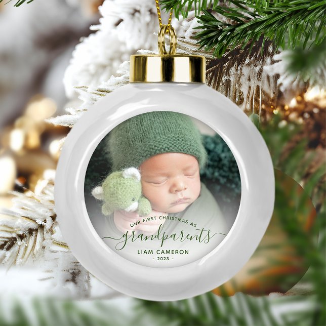 Boule En Céramique Photo Grand-parents First Christmas Green Script (Créateur téléchargé)