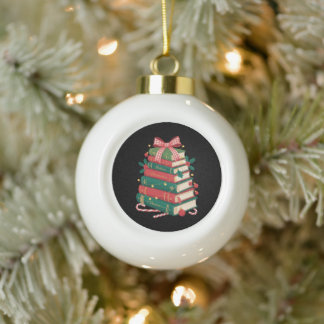 Boule En Céramique Pile de livres de Noël Ruban de noeud de houx Lect
