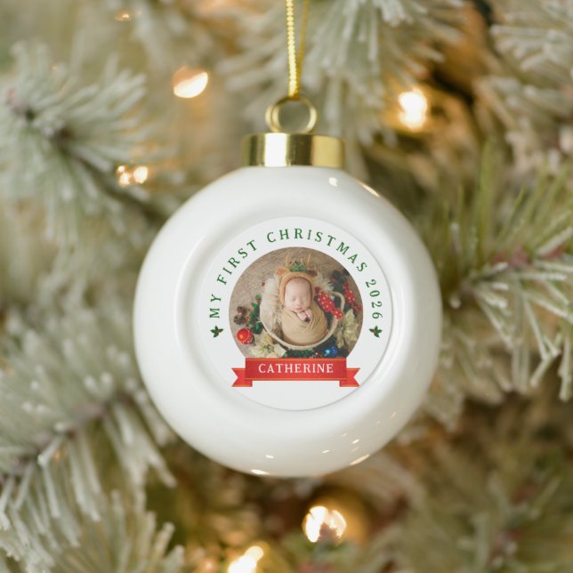 Boule En Céramique Premier Noël du bébé simple mignon Nom personnalis (Arbre)