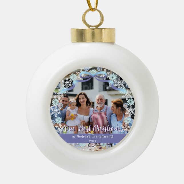 Boule En Céramique Premier Noël Nouveau Bébé Grands-parents Snowflake (Devant)